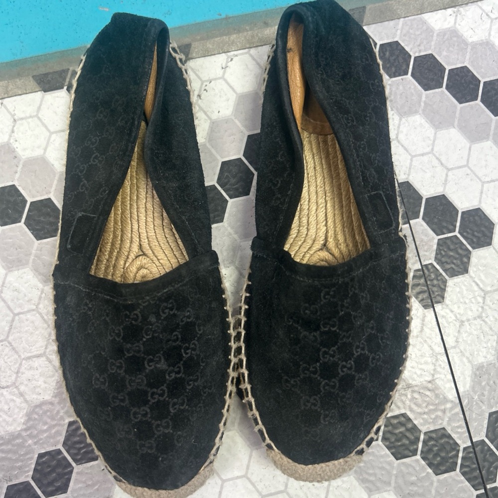 Gucci Black Espadrille Velvet Flats